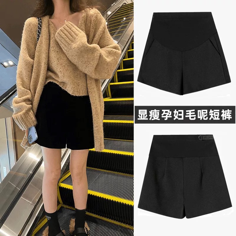 孕妇装秋冬季外穿孕妇短裤休闲百搭简约毛呢阔腿短裤冬季靴裤