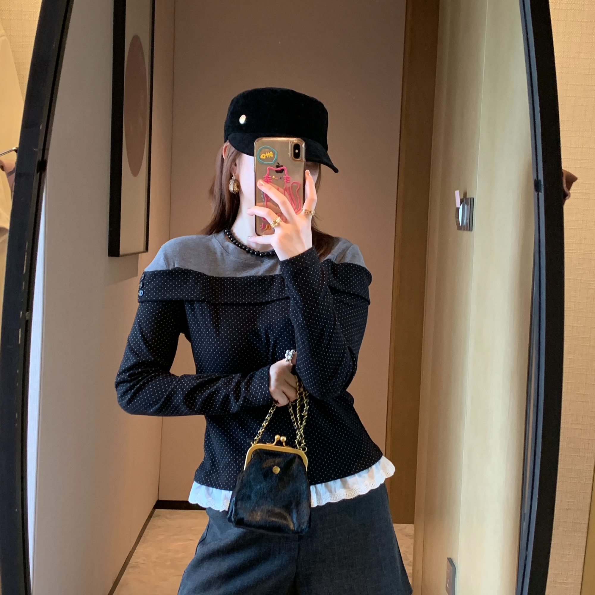 2025秋款韩系甜美减龄撞色波点荷叶边拼接假两件长袖T显瘦百搭