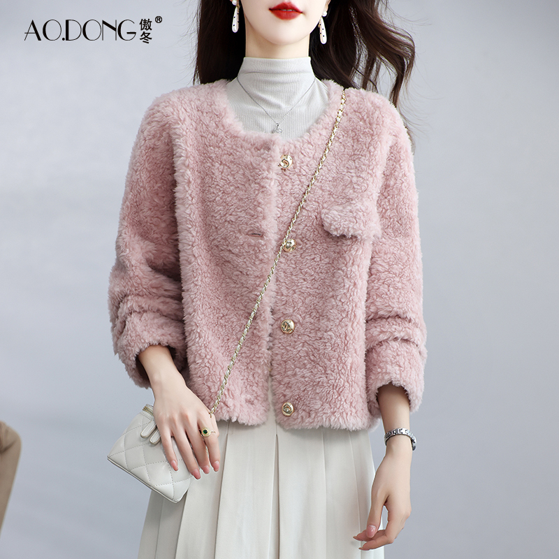 海宁颗粒绒皮草外套女短款保暖羊剪绒甜美加厚减龄羊羔毛大衣冬季