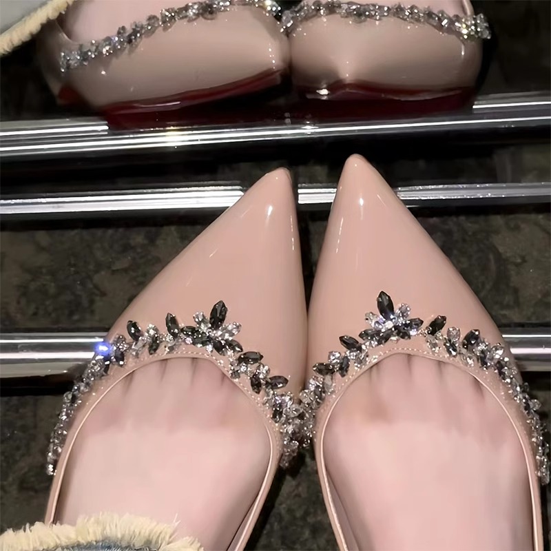 meichen/美晨2025新款内增高5cm气质尖头裸色水钻浅口低跟单鞋女