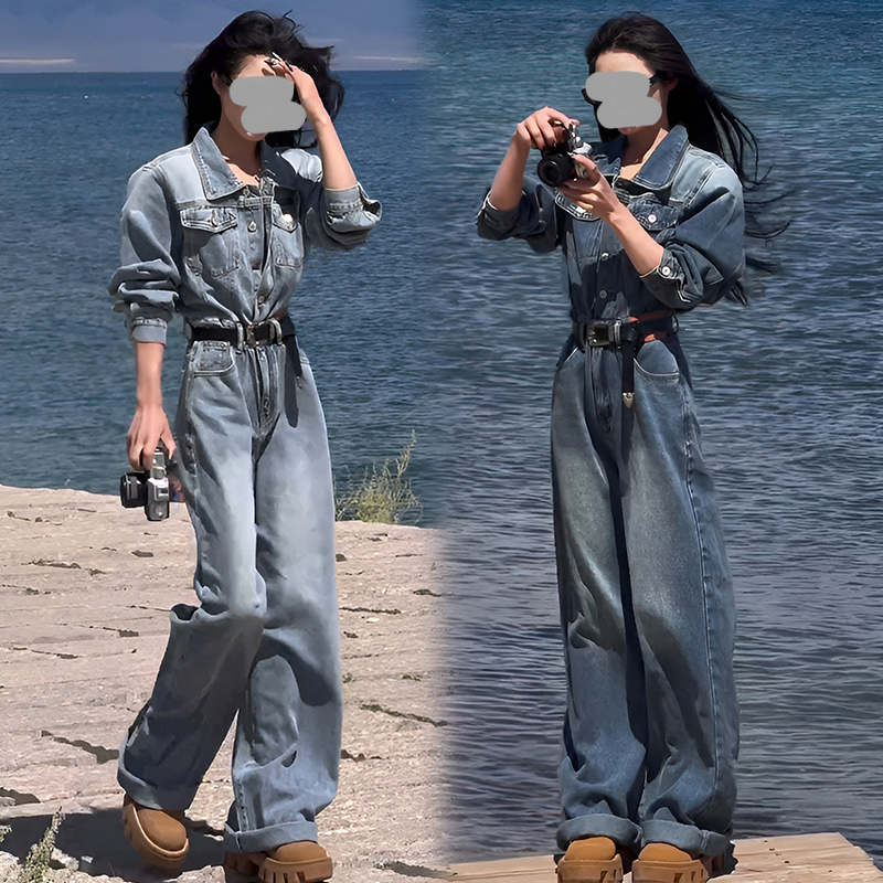 时尚Polo领长袖牛仔连体裤女2025春秋新款美式复古收腰显瘦连身裤