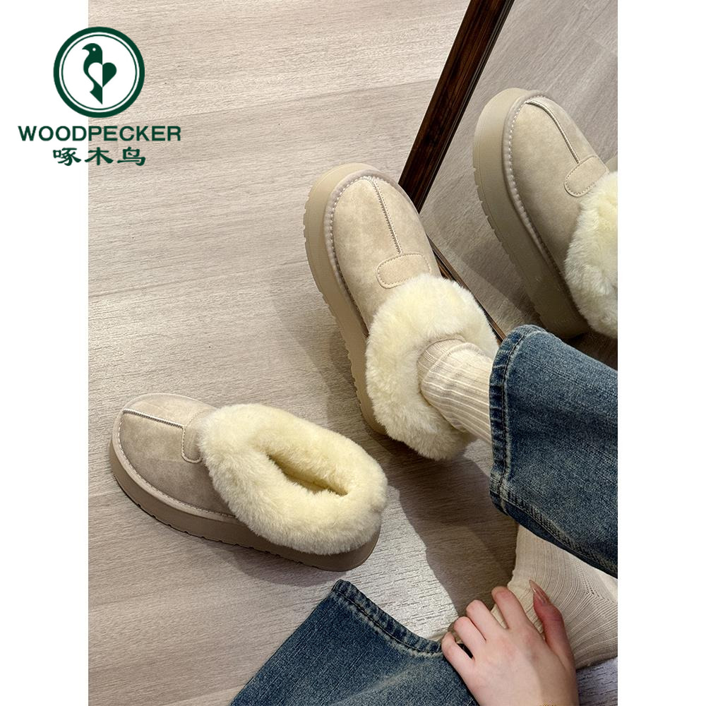 啄木鸟防水防滑厚底雪地靴女2025新款冬季加绒加厚面包棉鞋毛毛鞋