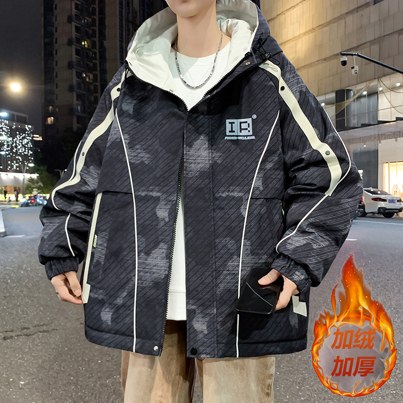 青少年男学生冬季加绒加厚连帽夹克外套男宽松休闲棉衣棉服潮860
