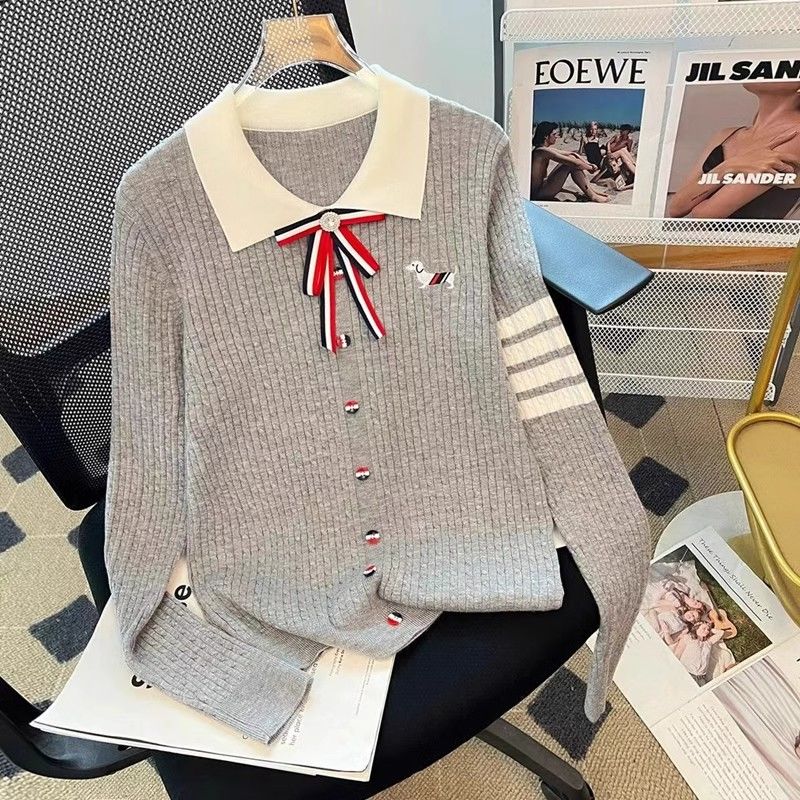 轻奢香风小狗刺绣撞色翻领长袖针织衫学院清新蝴蝶结减龄毛衣上衣