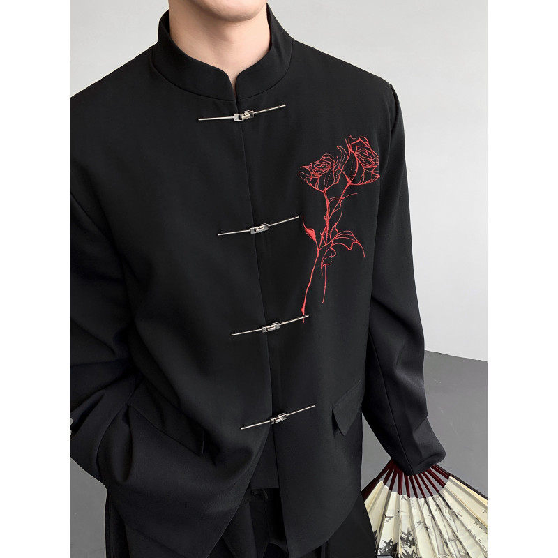 新中式西服男士新郎订婚结婚中山装礼服玫瑰刺绣飞机扣高级感西装