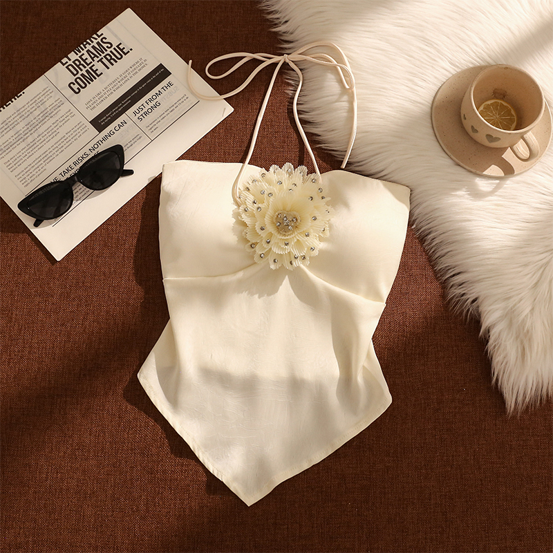 法式花朵缎面挂脖吊带背心女夏季外穿性感修身显瘦打底抹胸上衣