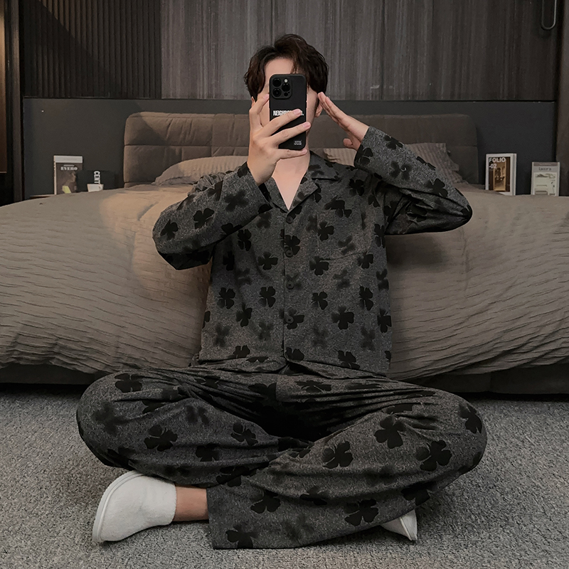 高级感四叶草男士睡衣春秋冬季新款锁温棉家居服男保暖套装可外穿