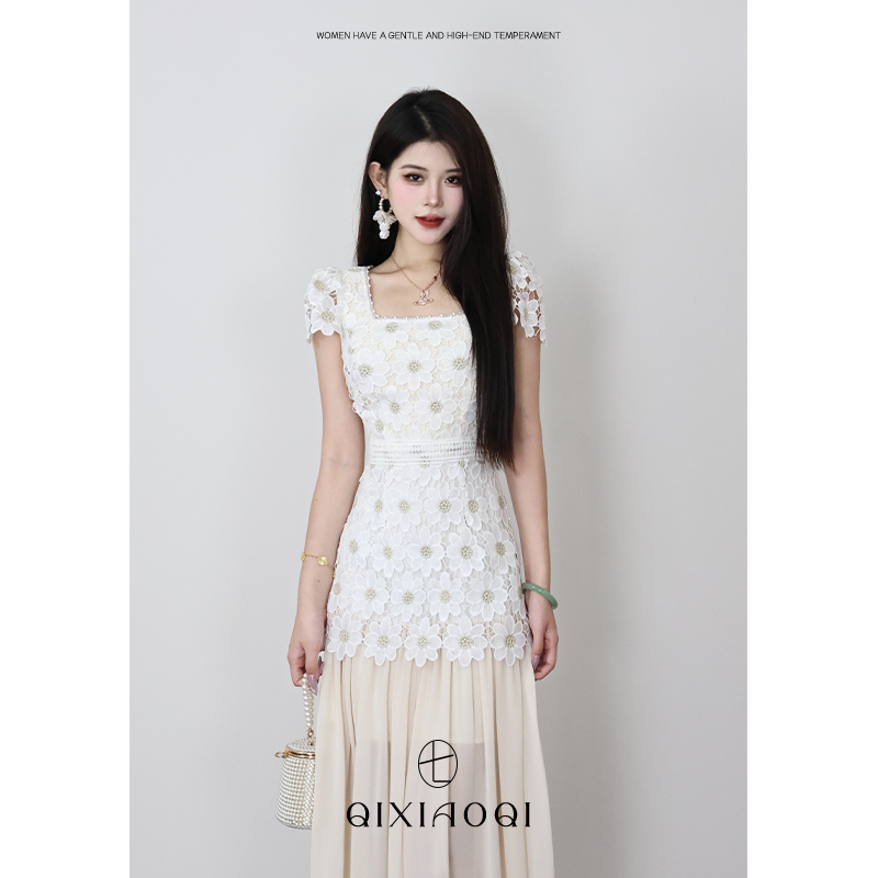 七小七Sicily【月下花影】法式方领假两件小众设计感白色长款连衣裙