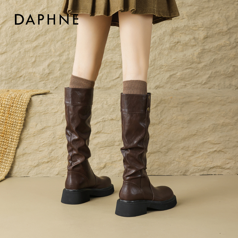 达芙妮加绒长筒靴女2025新款秋季不过膝厚底堆堆靴琥珀流光骑士靴