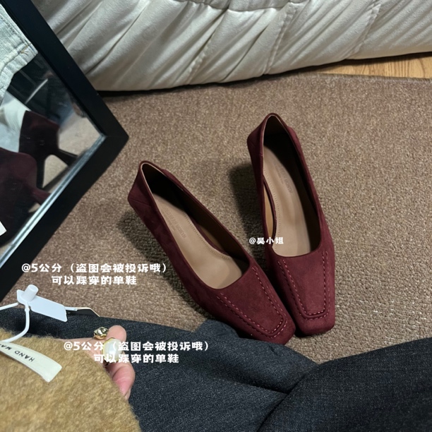 2025秋季新款时尚百搭气质复古方头绒面高跟鞋女舒适通勤黑色单鞋