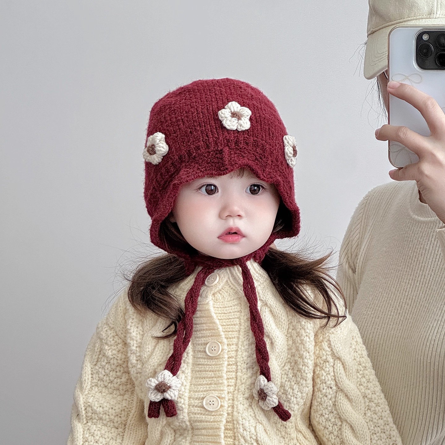 宝宝帽子冬天毛线帽可爱韩版甜美花朵针织护耳帽婴幼儿加厚保暖帽