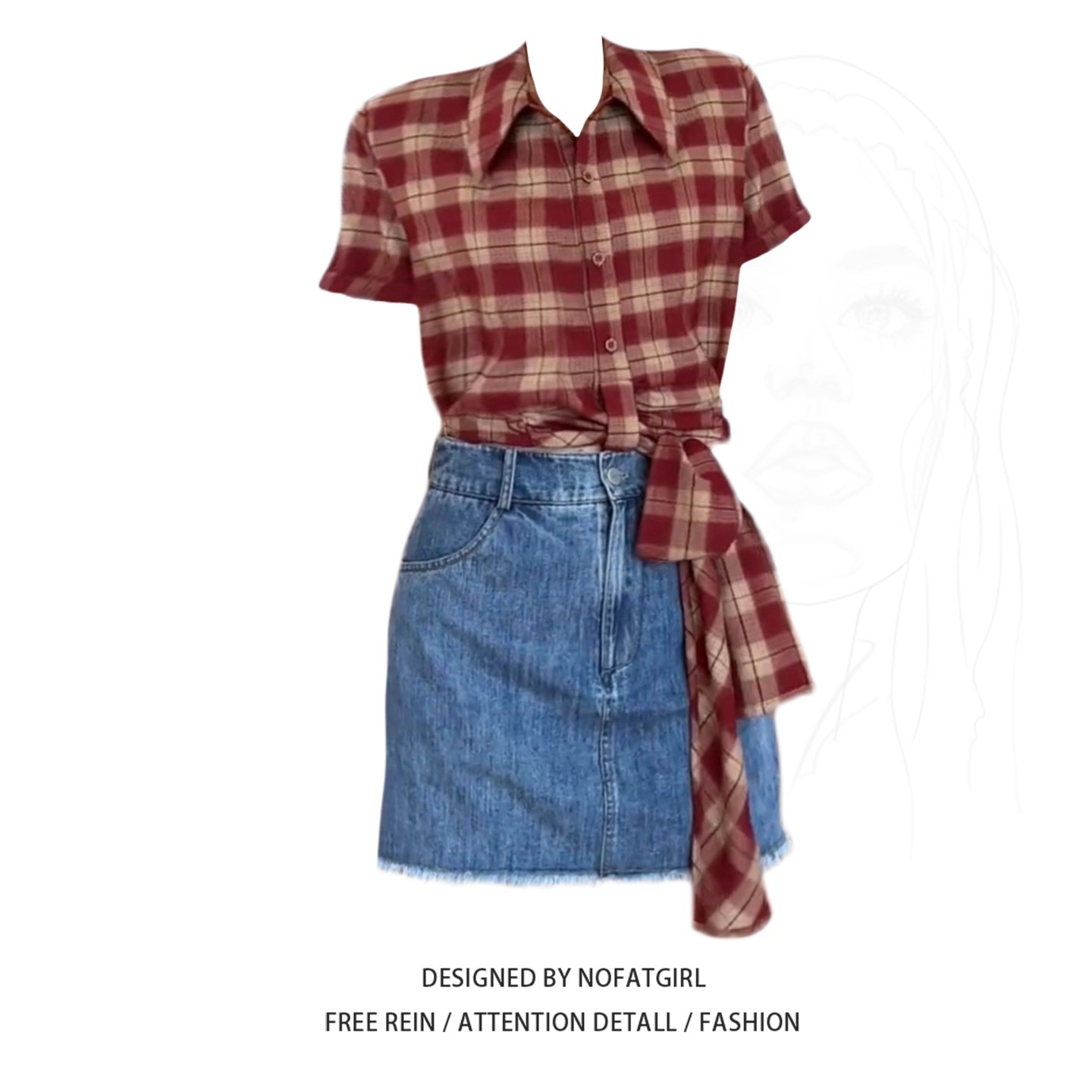 大码胖MM港风复古穿搭格纹短袖衬衫夏2025新款牛仔半身裤裙两件套