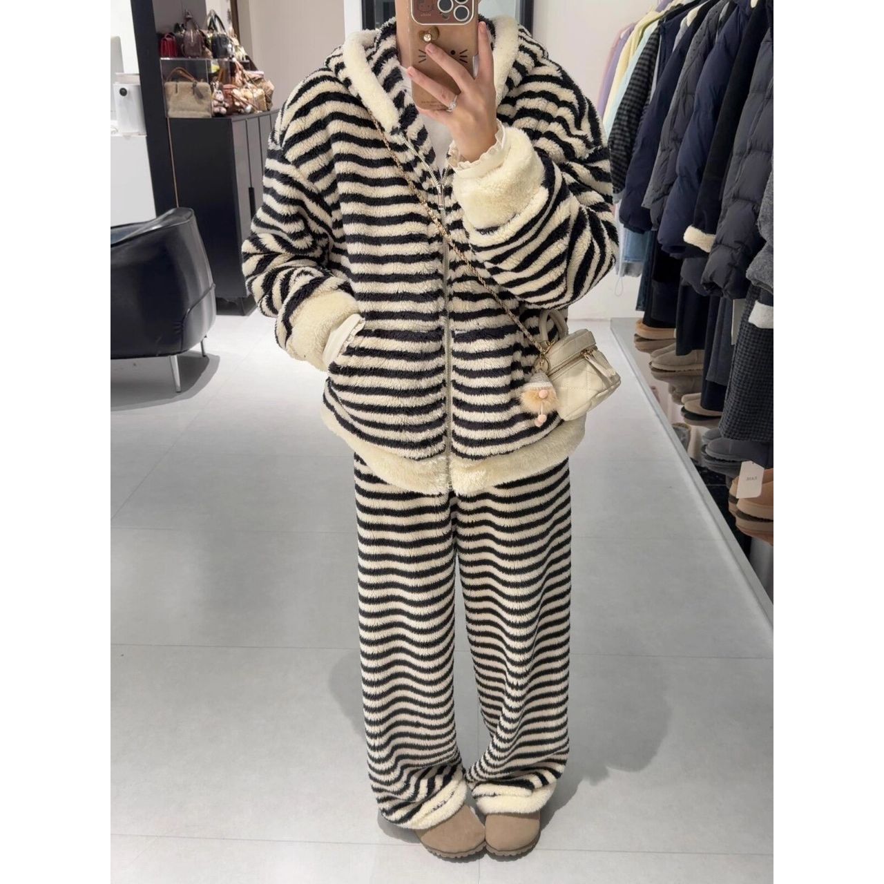 连帽条纹加厚睡衣套装女2025秋冬季时尚宽松休闲居家外穿两件套