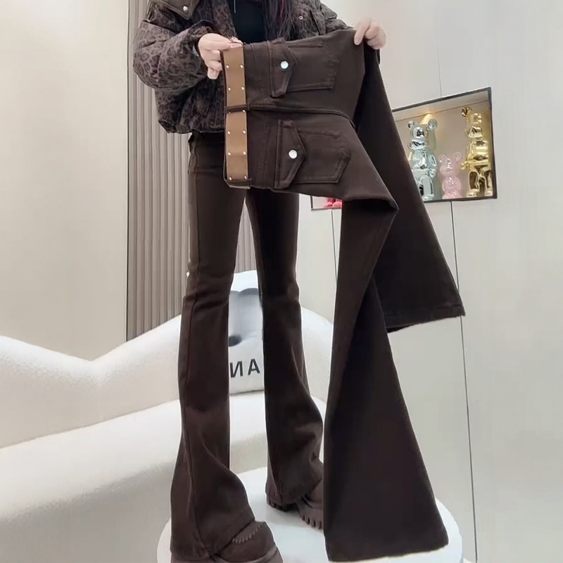 2025秋冬新款高腰显瘦复古微喇牛仔裤大码女装弹力修身加绒马蹄裤