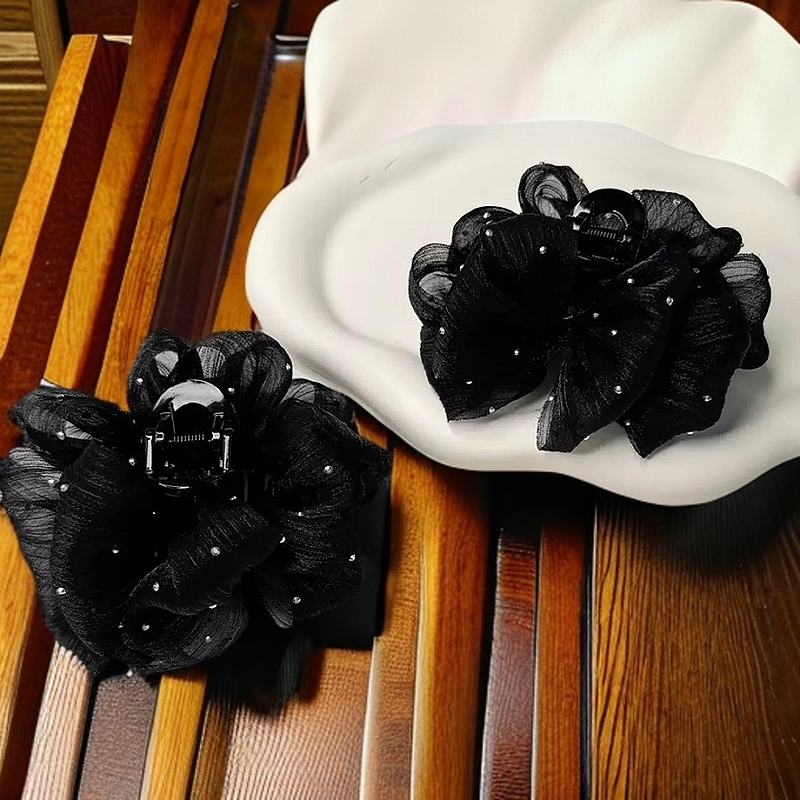简约黑色满天星泡泡纱抓夹头发夹子发饰优雅小抓夹百搭上班族发饰