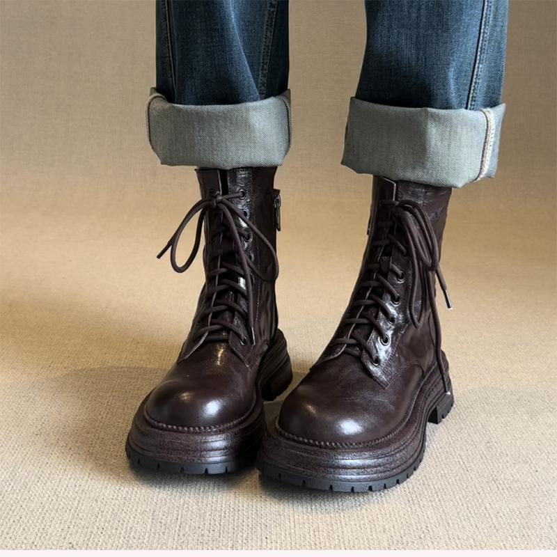 牛皮版~厚底马丁靴女2025秋冬新款小个子英伦风酷飒系带短靴