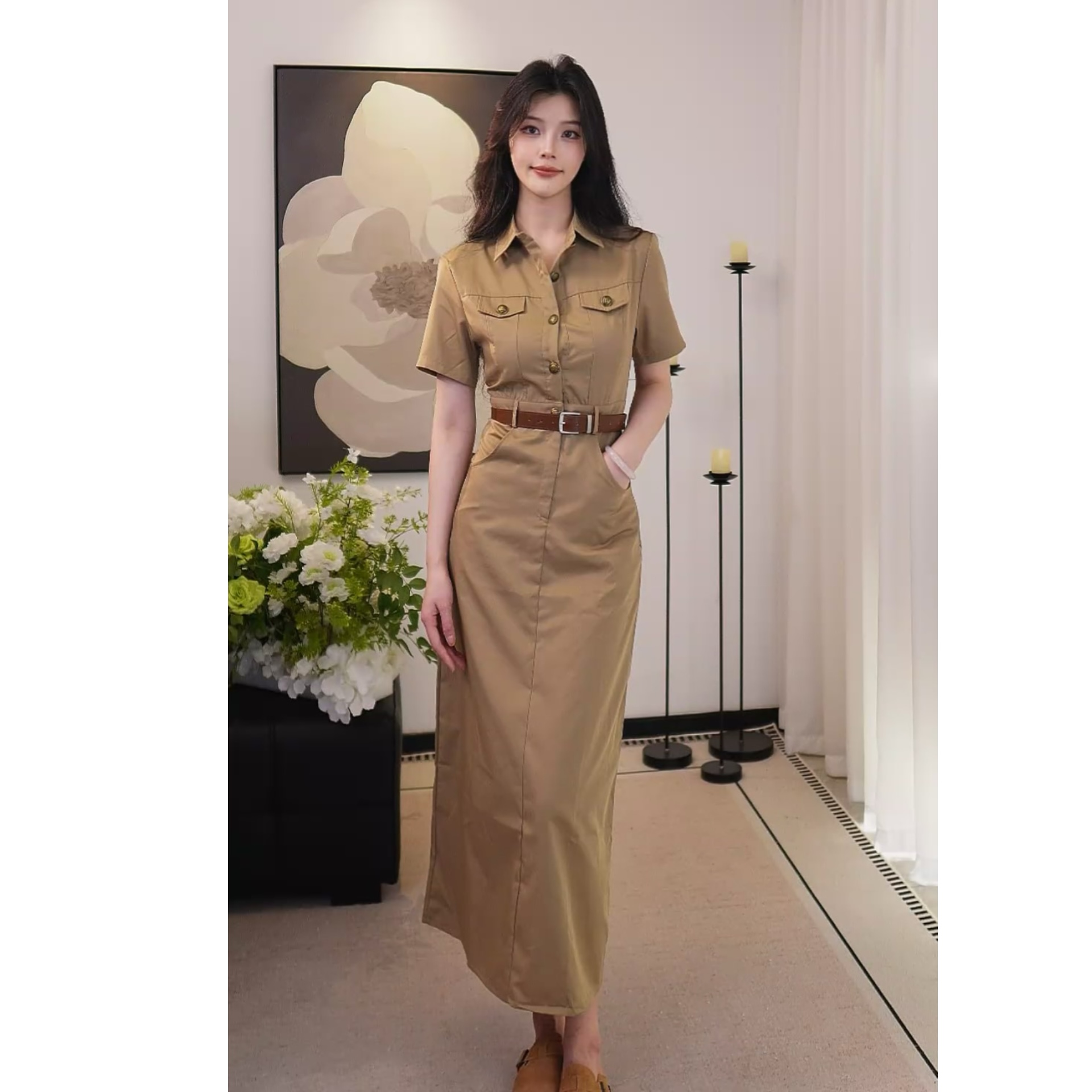 轻奢高级感气质时尚Polo领法式工装设计夏季收腰显瘦长款连衣裙女