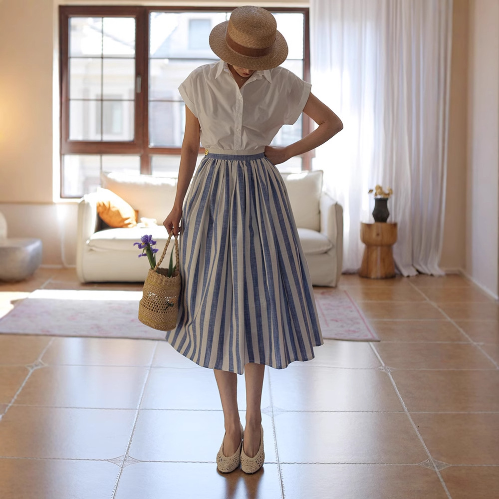 2025早春新款法式复古优雅显瘦条纹半裙套装度假风大摆裙伞裙半身
