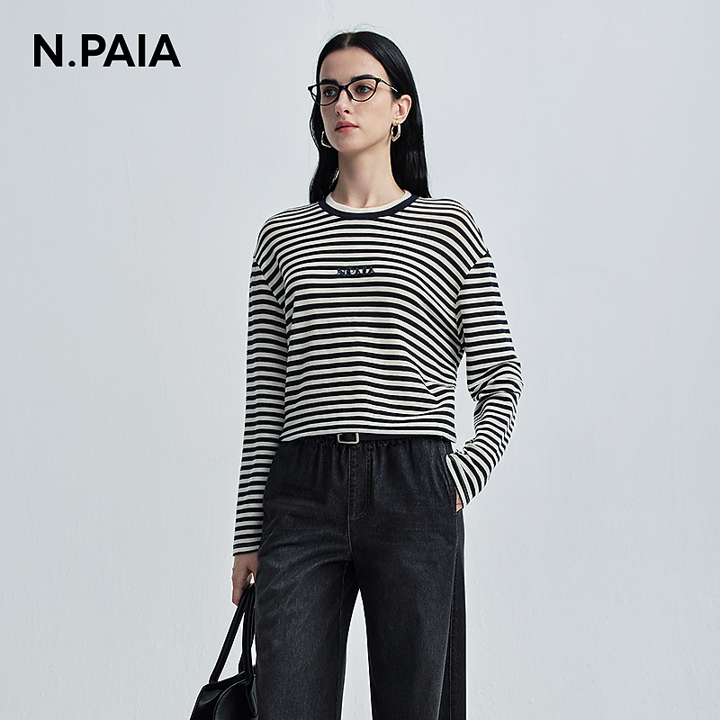 恩派雅双层领字母珠片绣设计条纹针织衫女XNKAW5307A