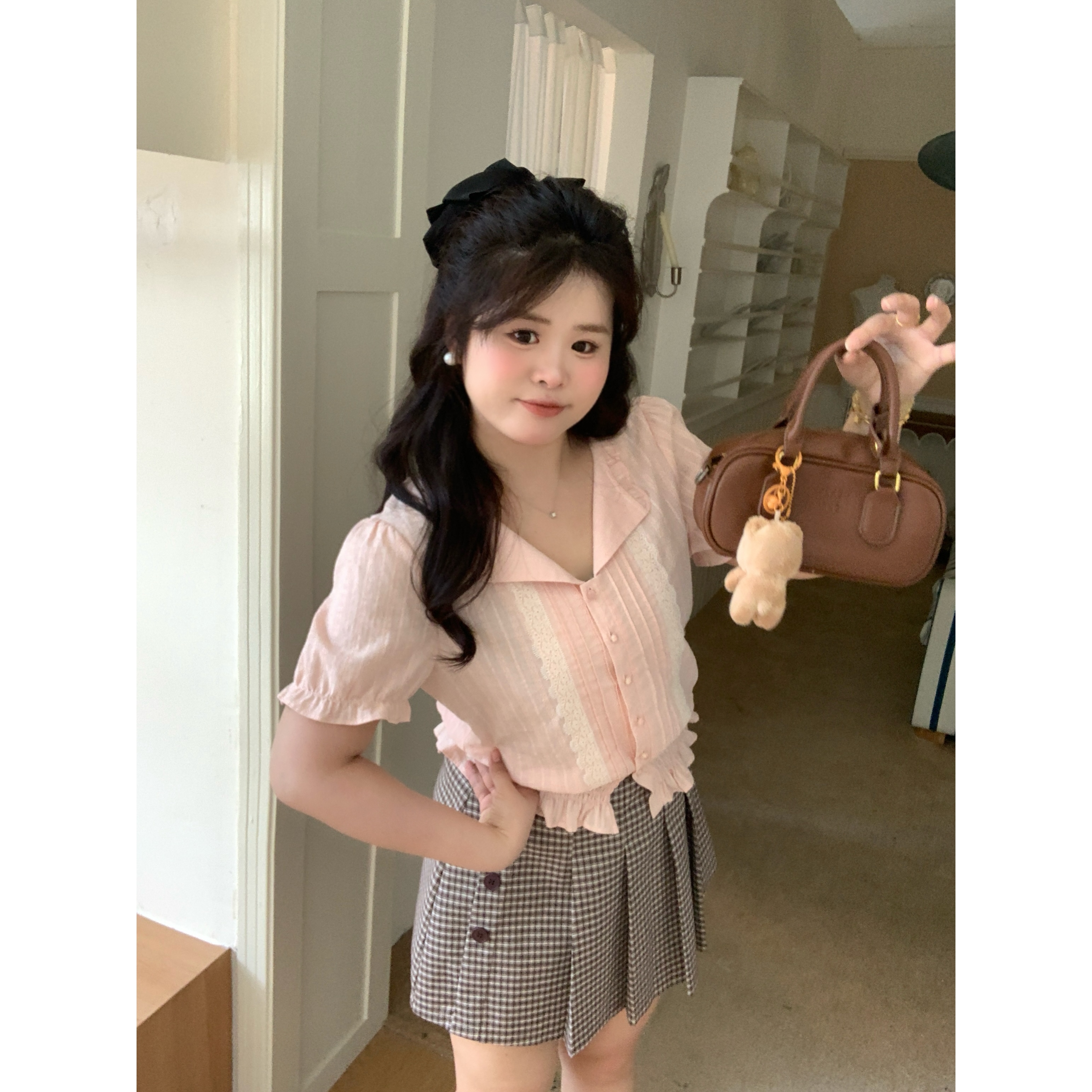 【粉雾苏黎世】大头婷微胖夏季衬衫甜美翻领收腰开扣短袖上衣