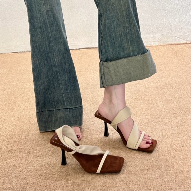 法式轻复古风夏季镂空方头一字拖尖头气质外穿露趾凉拖百搭