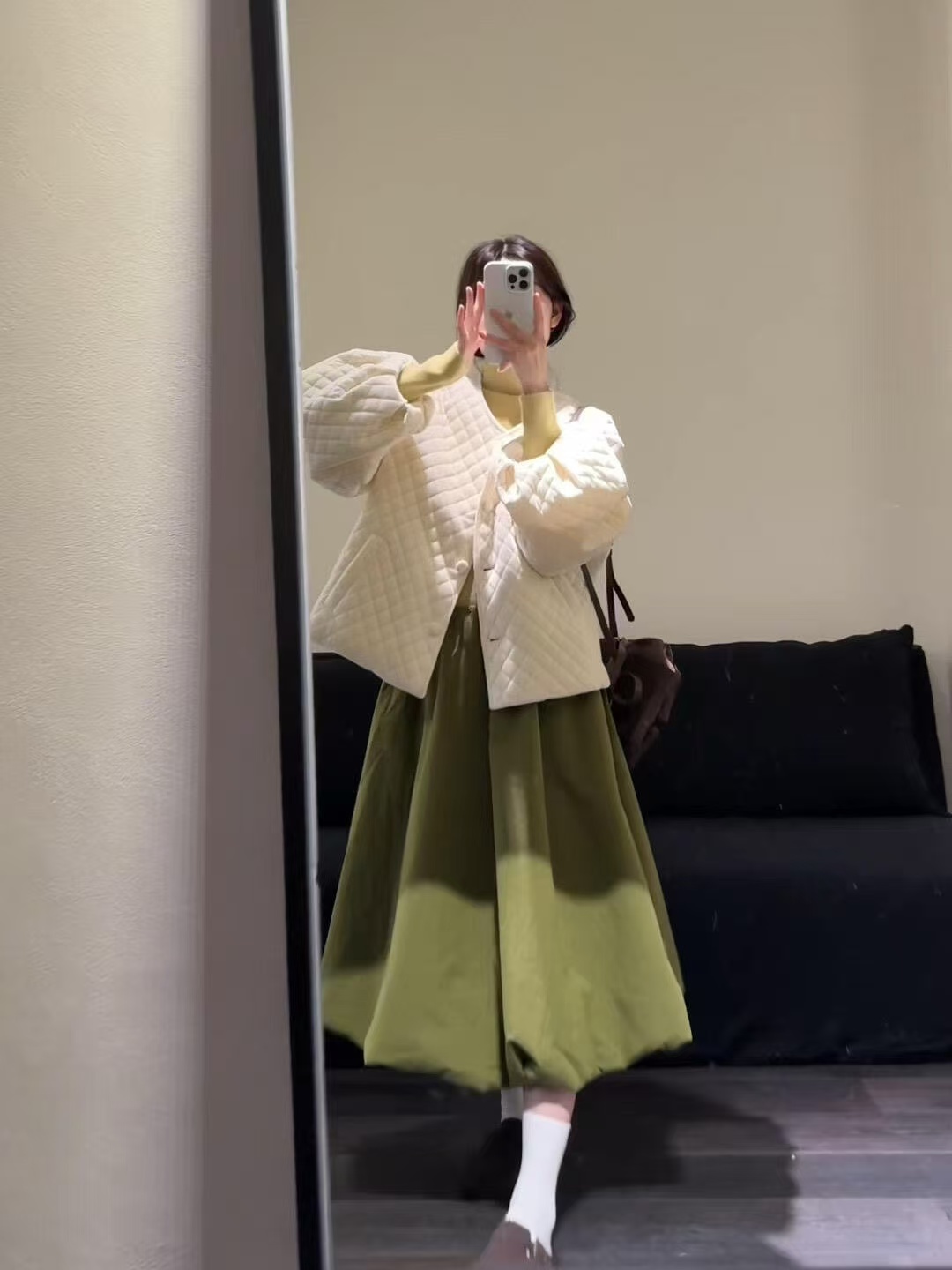 2025秋冬新款韩系高级感绿色高领打底菱格棉服半身裙气质三件套女