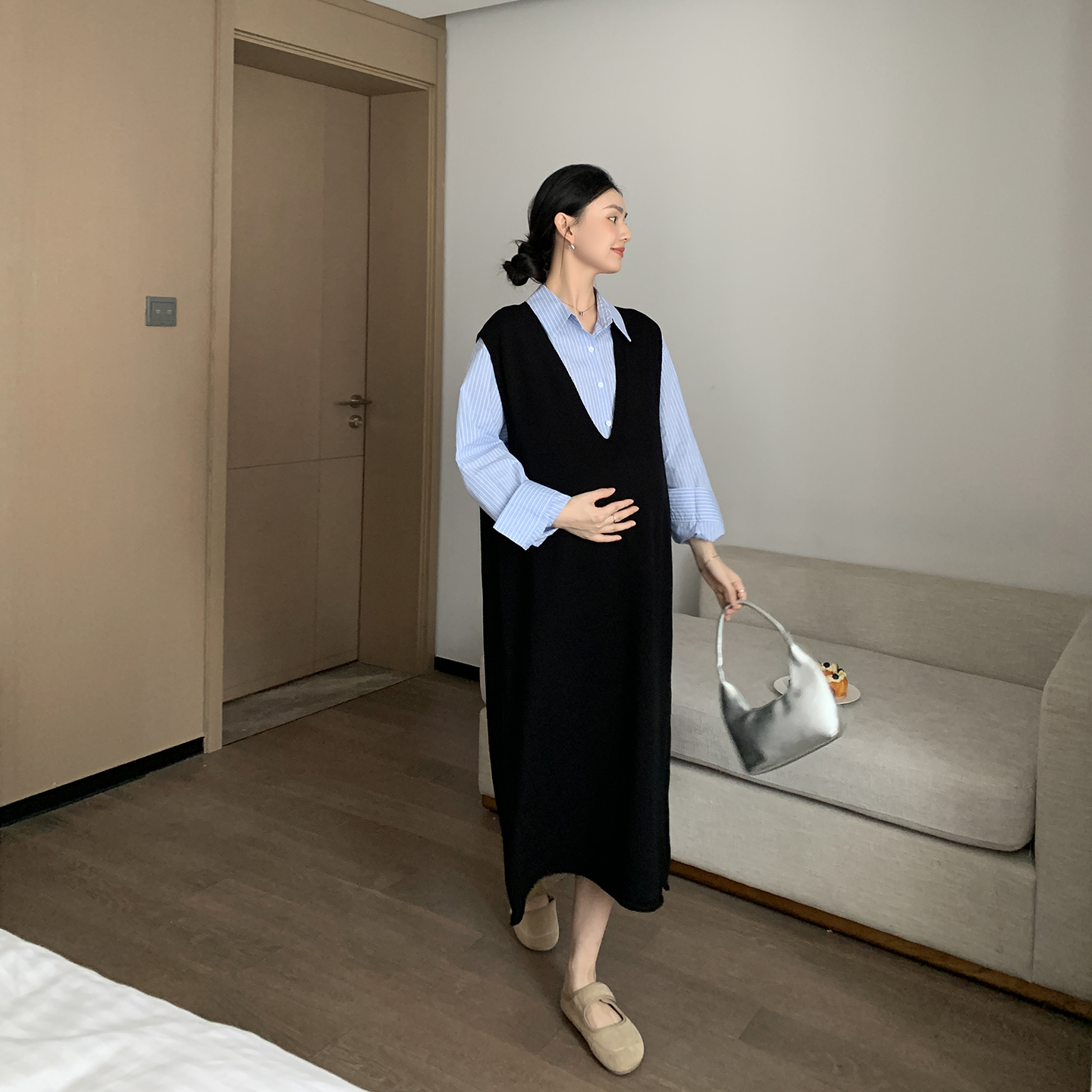 ZMA孕妇装【V领背心裙】春秋韩系穿搭早秋新款条纹衬衫宽松显瘦