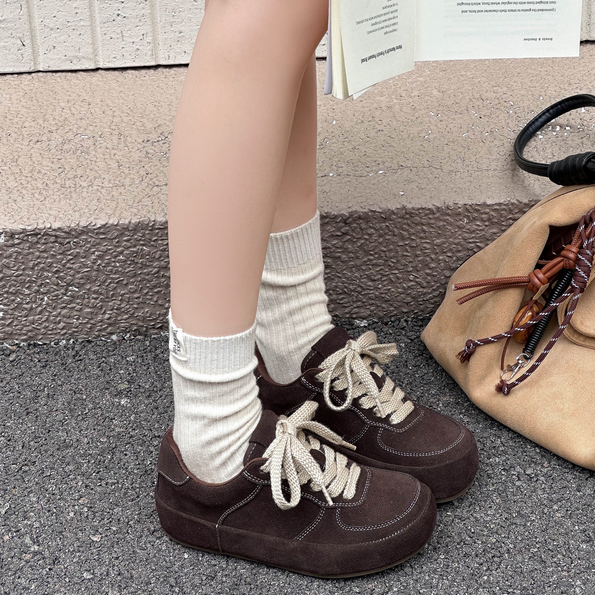 漫斯贝尔真皮复古德训鞋秋季新款厚底休闲女鞋阿甘鞋百搭运动板鞋