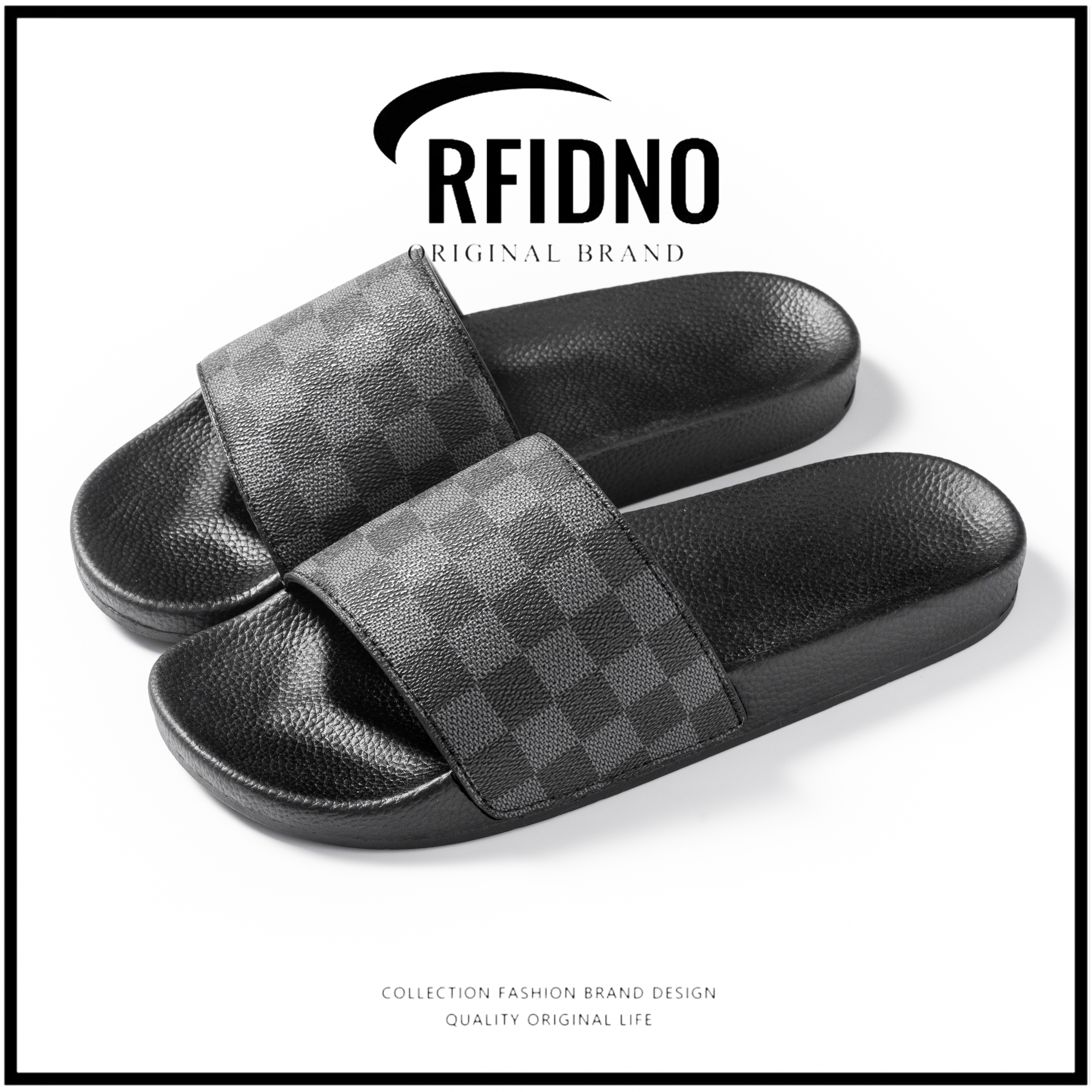【官方正品】RFIDNO男士拖鞋黑格子夏季外穿男士居家一字拖沙滩凉鞋