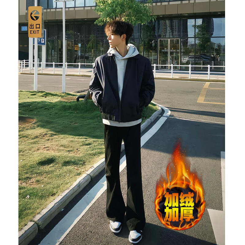 黑色弯刀微喇加绒牛仔裤男款秋冬修身显瘦vibe裤子美式高街休闲裤