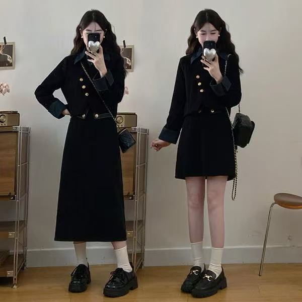 2025秋新款大码女装法式假两件小香风外套高腰半身裙两件套女2010