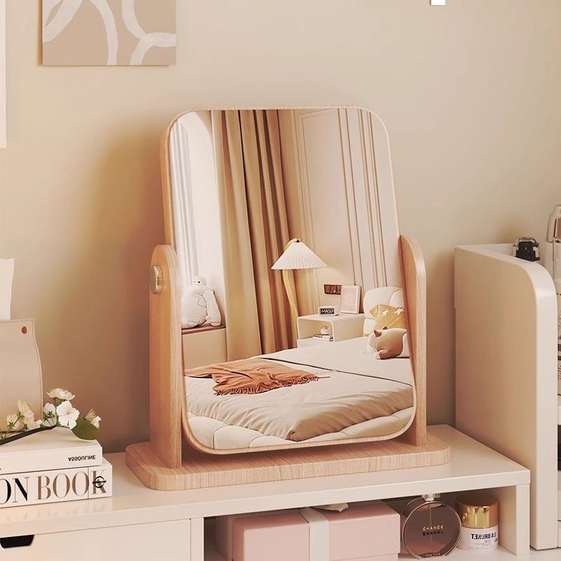 镜子化妆镜学生宿舍梳妆台梳妆镜卧室家用台式桌面大号木质旋转镜