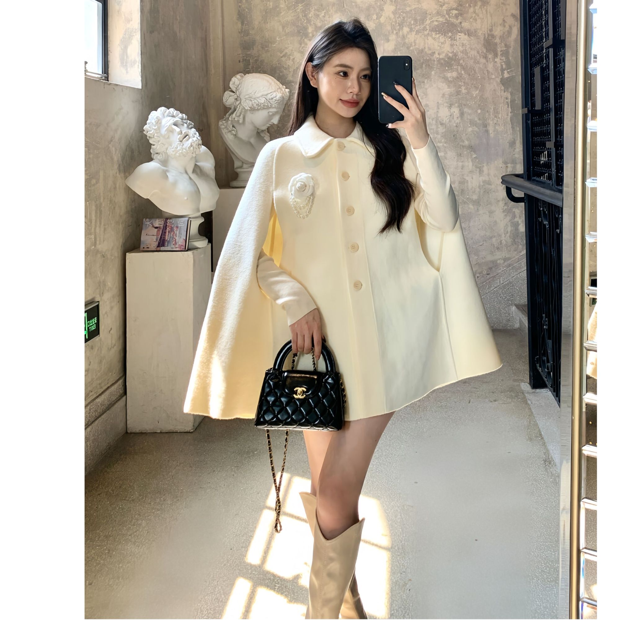 时尚财阀千金风秋冬A字型女针织毛呢外套时尚双面中长斗篷大衣潮