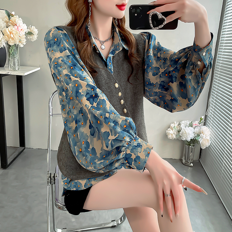 秋冬毛衣马甲+蓝色碎花长袖衬衫两件套显瘦千金风精致贵气套装女