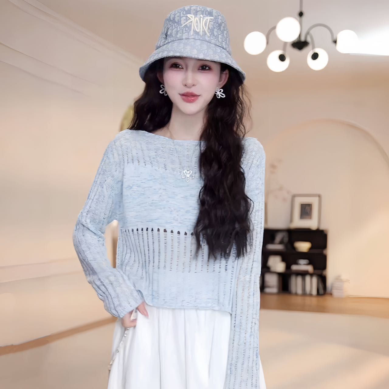 夏季度假风镂空针织长袖上衣百搭显瘦钉珠半身裙套装女出游服装女