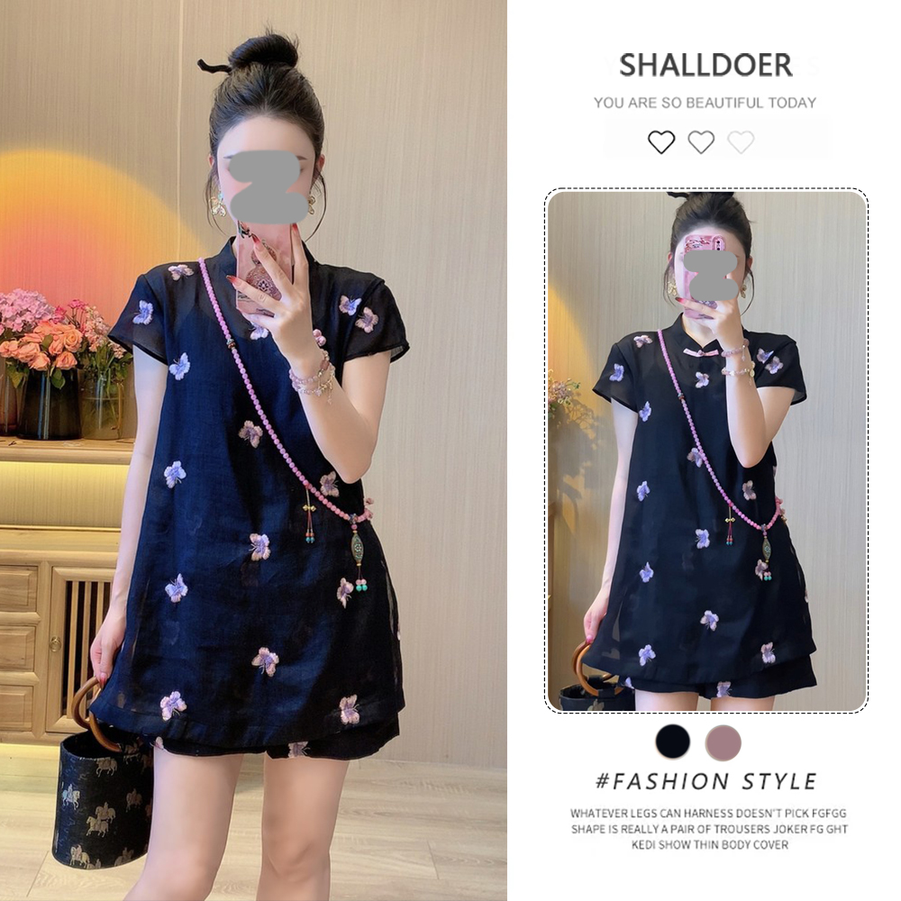 韩版立领印花短袖上衣高腰休闲短裤套装女士2025夏季中国风两件套