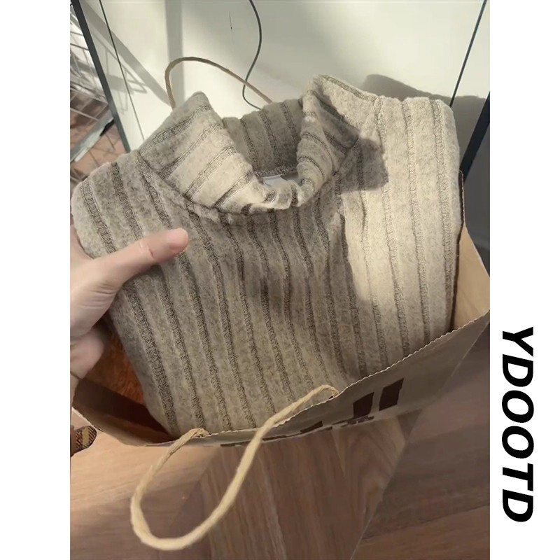 卡其色坑条半高领重磅长袖t恤男秋冬美式复古潮牌打底衫宽松上衣