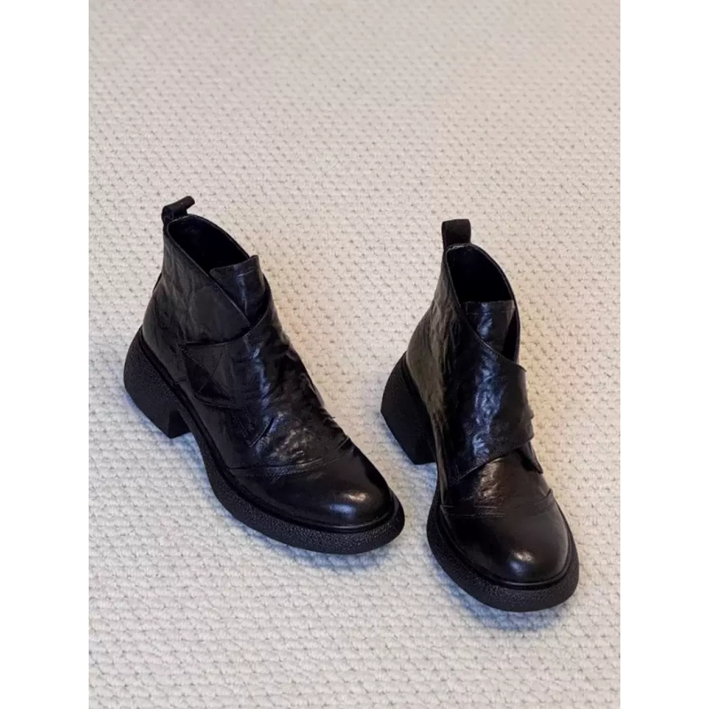 牛皮版~复古厚底魔术贴短靴女秋冬加绒百搭静音瘦瘦靴英伦马丁靴