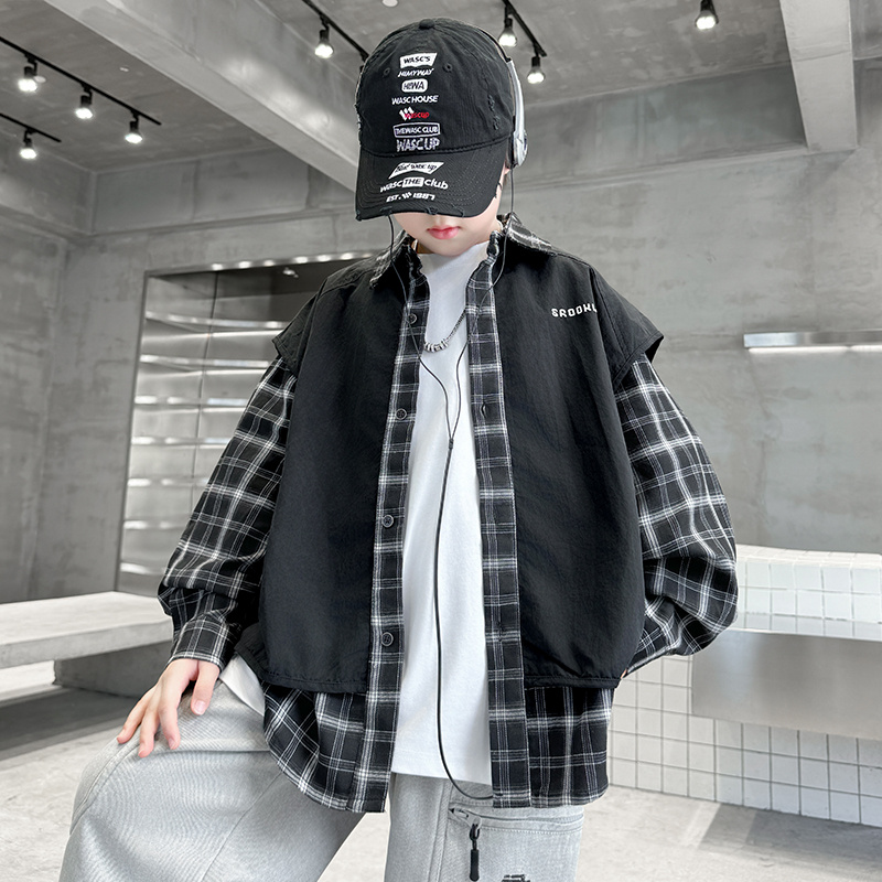 男童假两件春秋格子外套2025中大童休闲韩版长袖儿童秋季上衣潮流