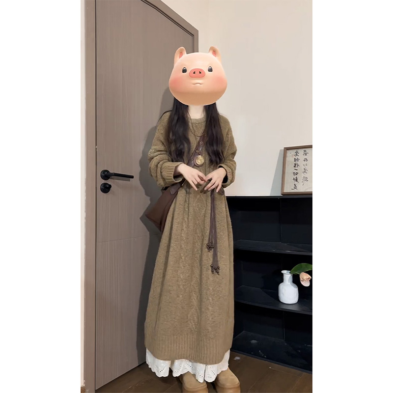 MARIE.COCO美拉德复古咖色圆领针织连衣裙内搭气质半身裙两件套女