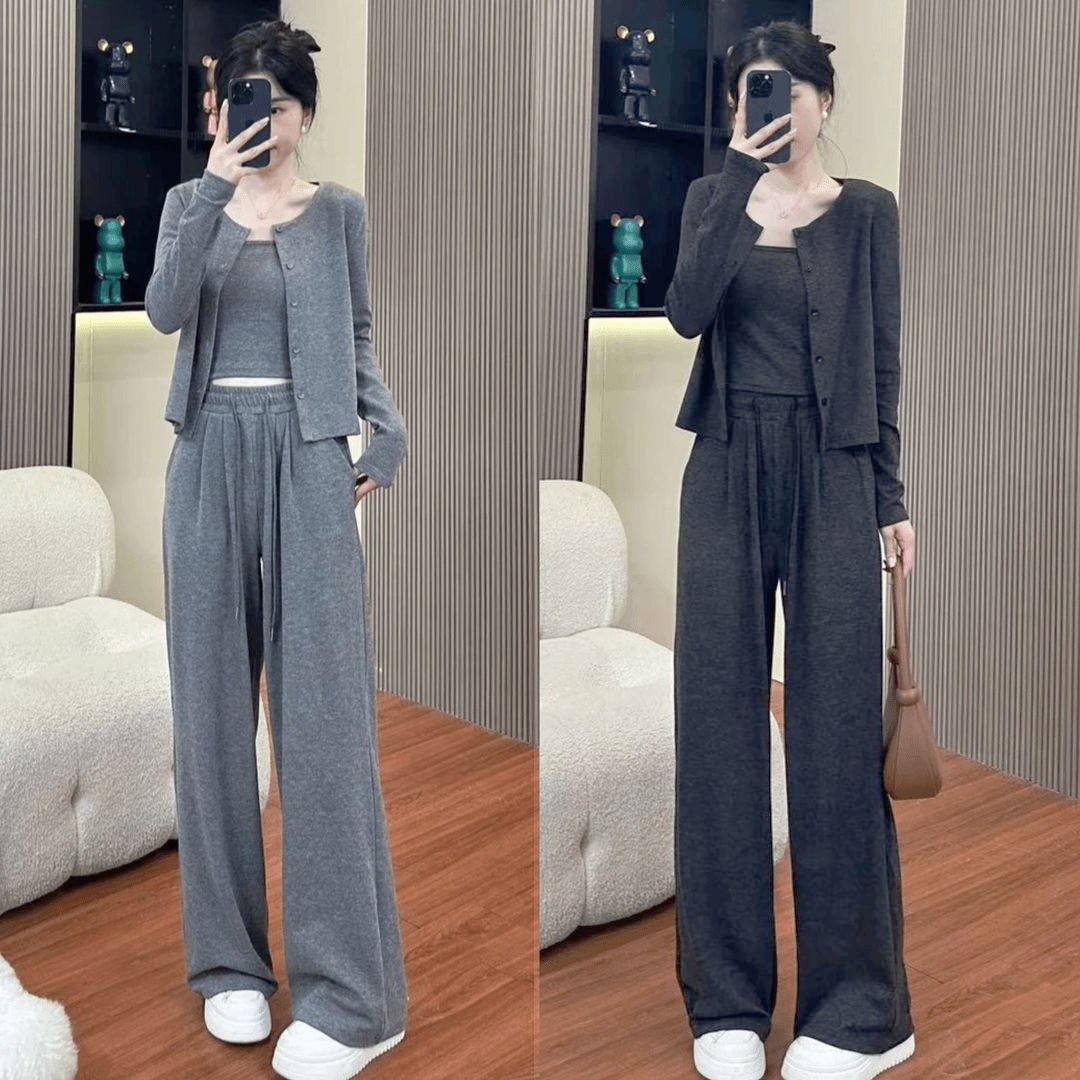 慵懒松弛感运动休闲套装秋季新款显瘦百搭开衫吊带阔腿裤三件套装