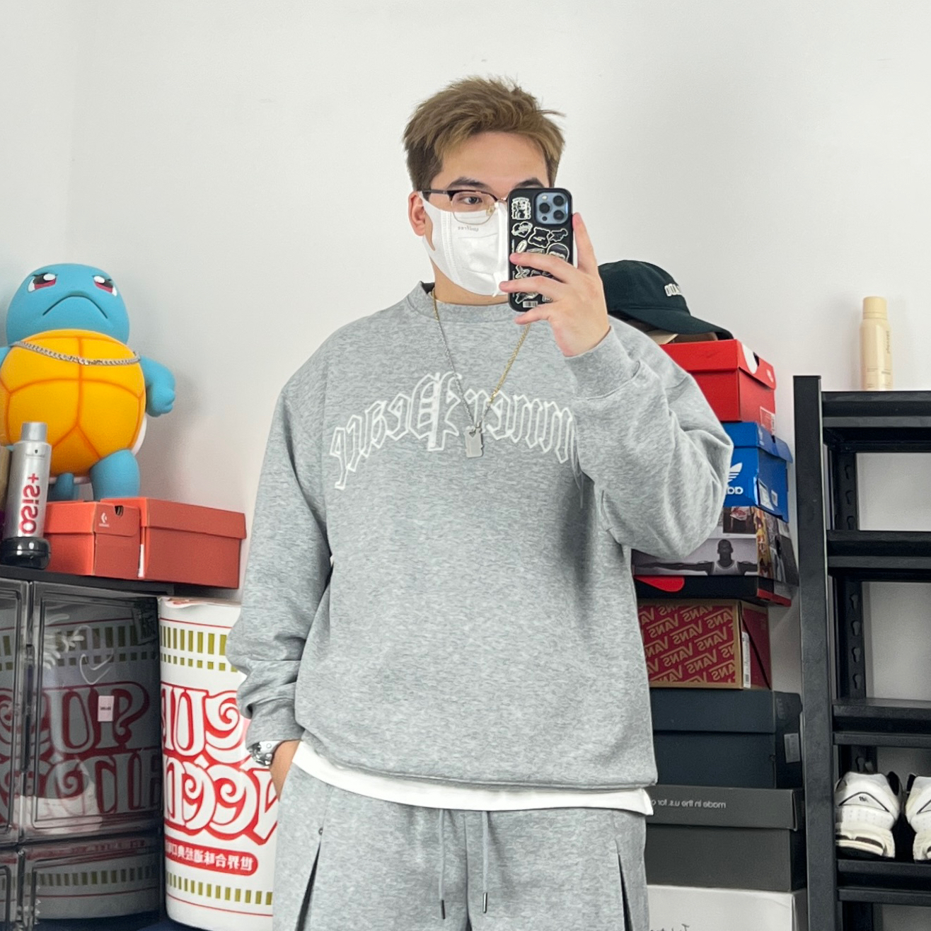 斌斌梨微胖男生宽松休闲风长袖上衣美式复古肌理字母基础圆领卫衣