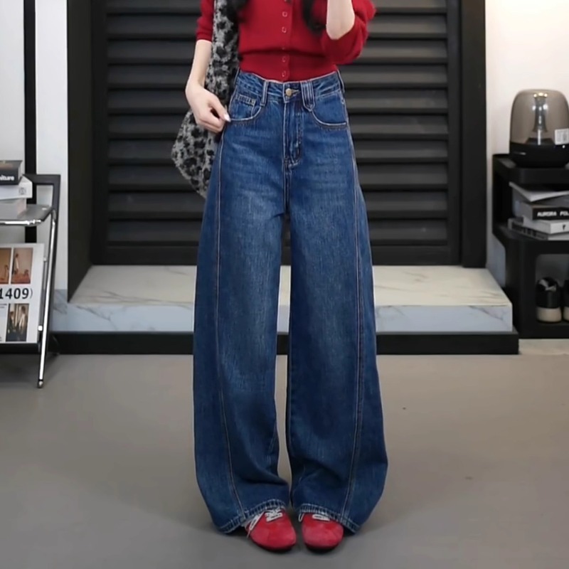 牛仔裤女2025新款加绒裤子梨型身材粗腿宽胯长裤秋冬季宽松阔腿裤