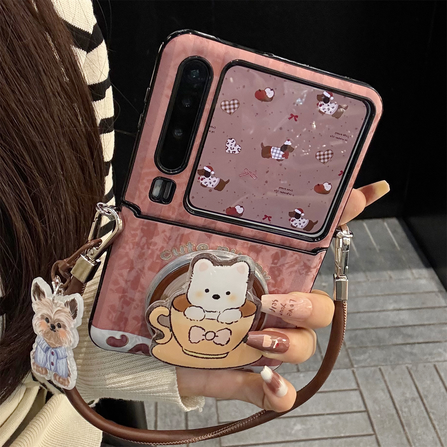 适用华为purax折叠屏手机壳酒红条纹围巾小狗pocket2狗狗磁吸支架