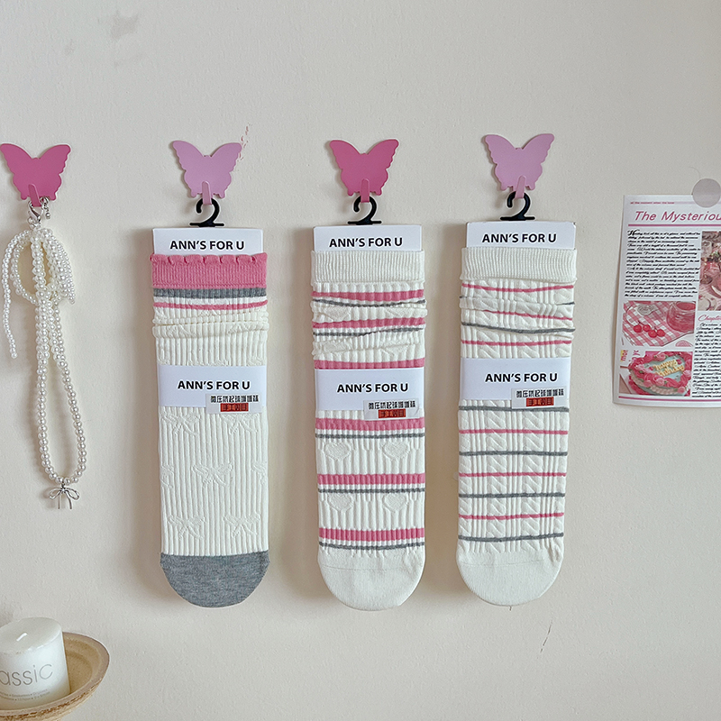 春秋款个性点子纱立体暗纹堆堆袜日系温柔白粉拼色甜妹风jk中筒袜