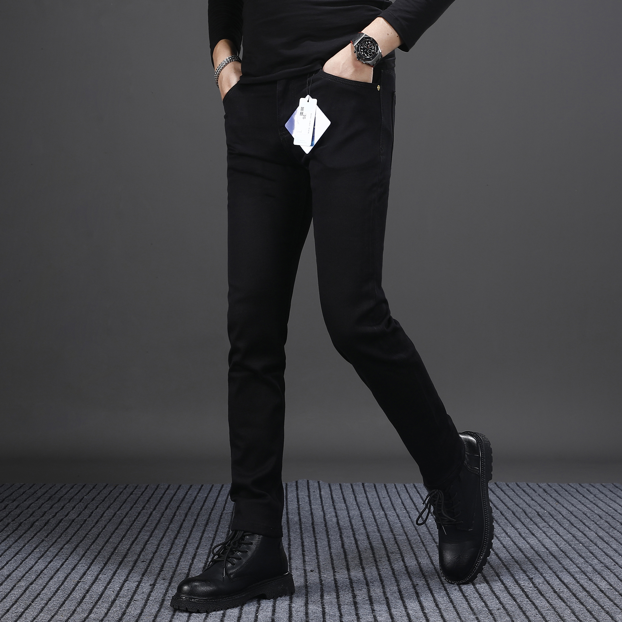 莱赛尔纯黑色牛仔裤男款修身小脚弹力爆款2025新款秋冬季男士裤子