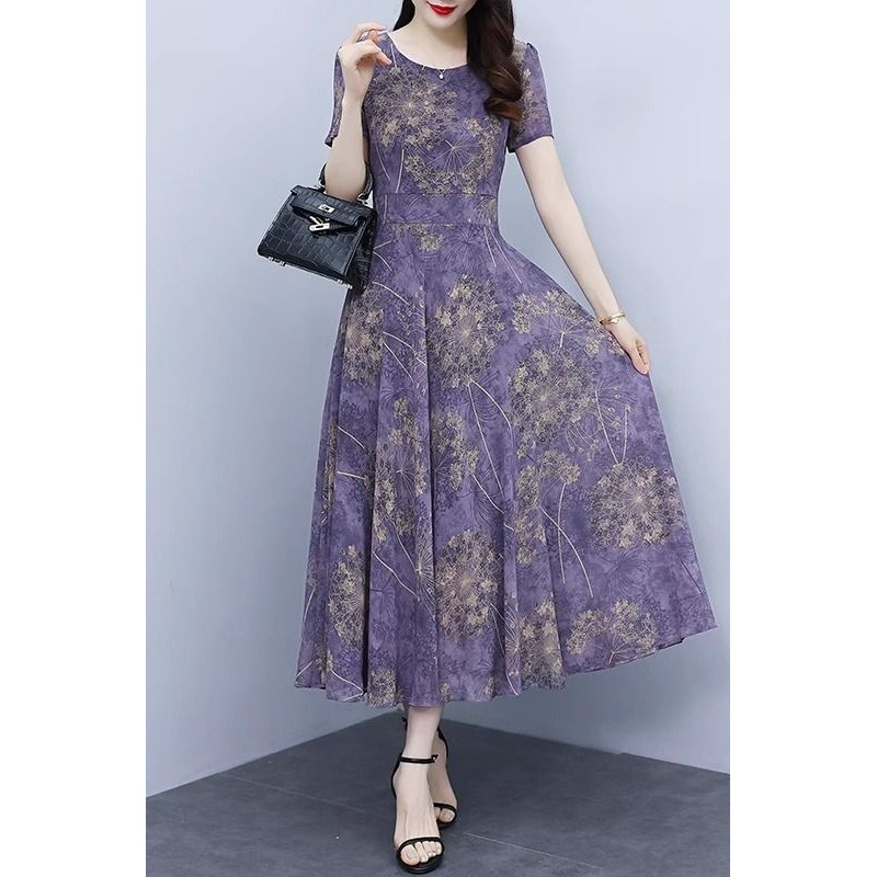 2025夏季紫色大码雪纺碎花新款连衣裙女胖mm收腰显瘦遮肚气质长裙