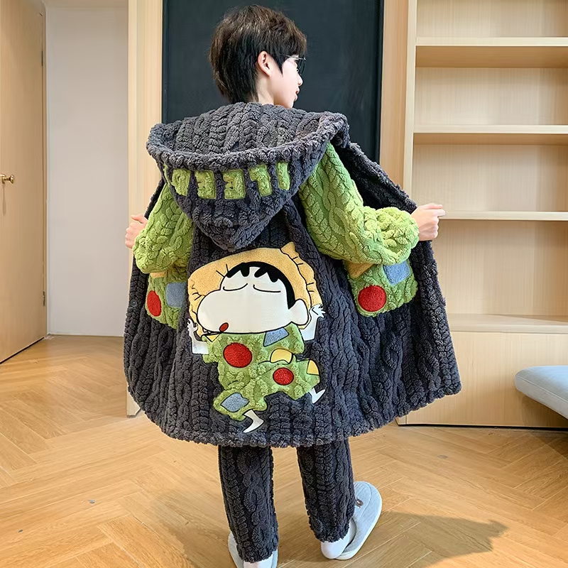 男童家居服秋冬睡衣加绒加厚保暖睡袍2025新款儿童套装男童外穿衣