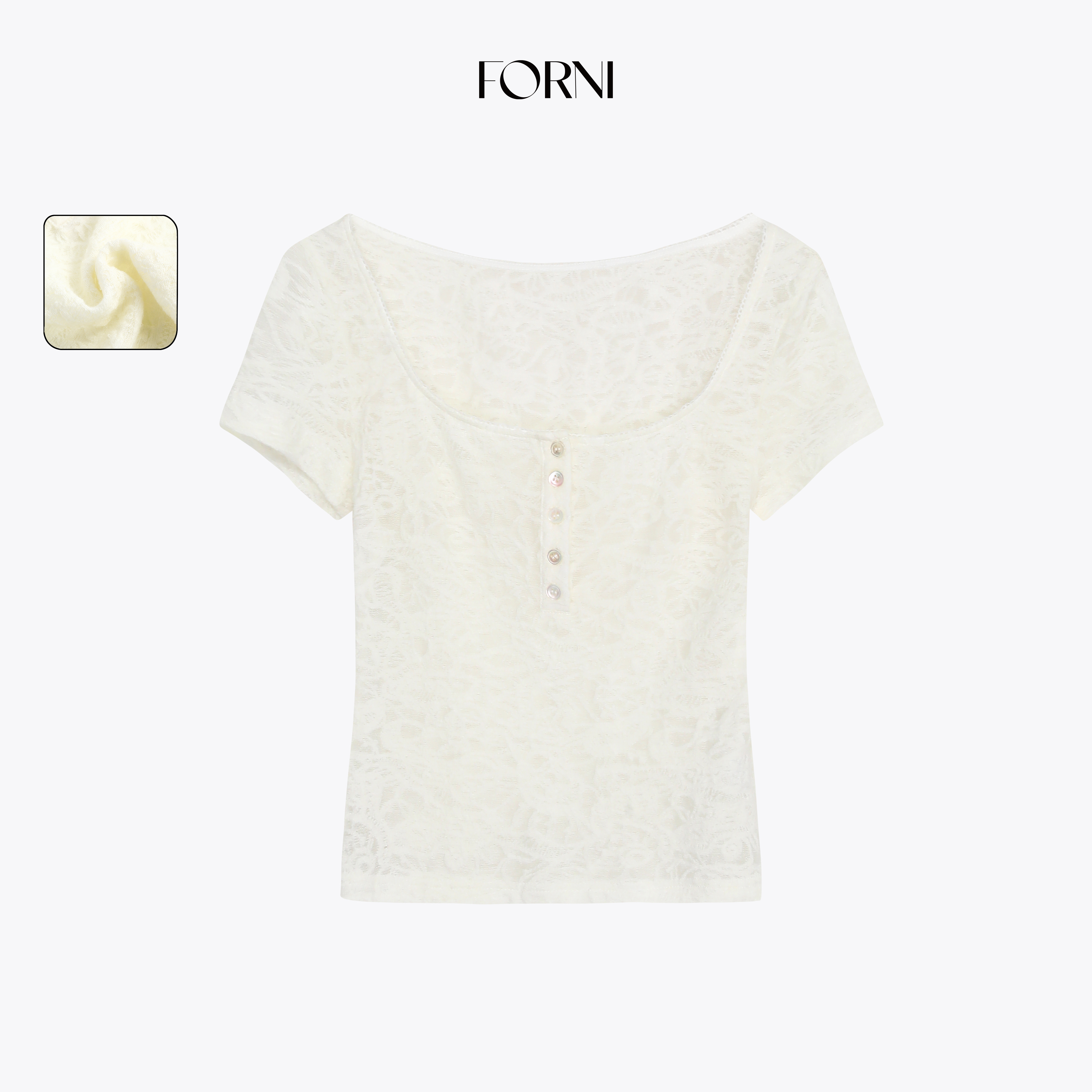 FORNI 风向少女 夏日纯欲风羊毛镂空蕾丝亨利领短袖修身上衣
