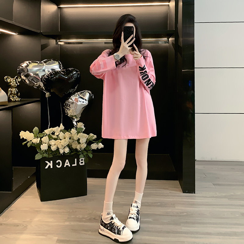 秋季新款法式印花抗起球T恤打底衫显瘦宽松时尚大码中长款长袖